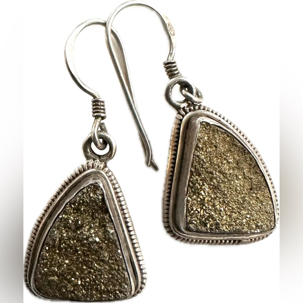 Handcrafted Sterling Silver 925 Rainbow Pyrite Dangle Drop Earrings Gold Silver